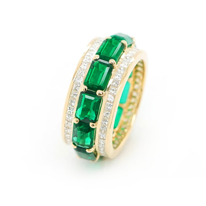 6.40 cts Octagon Emerald with White Diamond Pavé Eternity Ring
