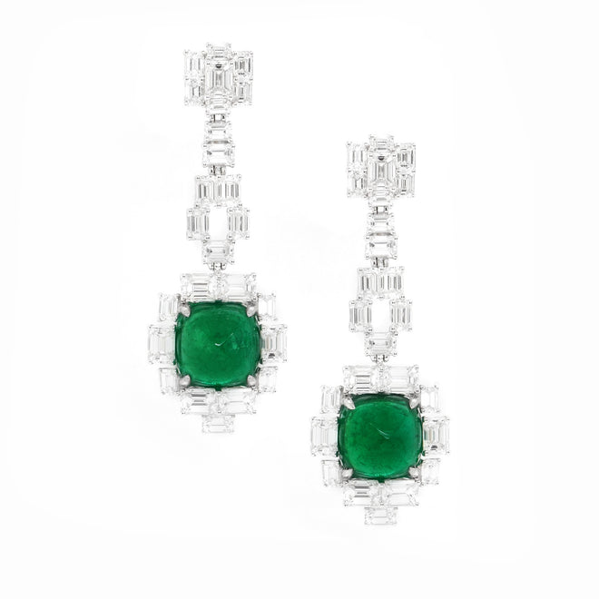  7.17 / 7.15 cts Cushion Sugarloaf Emerald with Diamond Earrings (ENQUIRE)