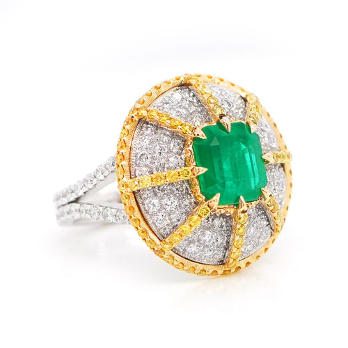 2.702  1.52 cts Octagon Emerald with Yellow Diamond Eternity Pavé Ring