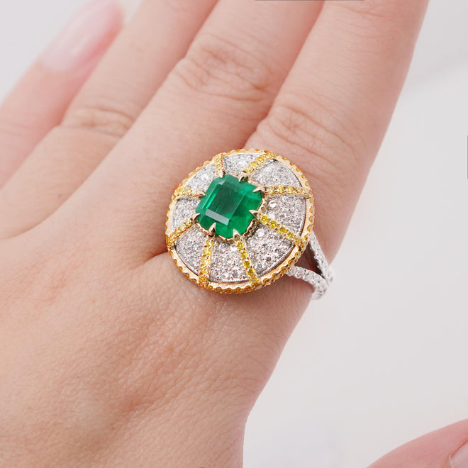 2.702  1.52 cts Octagon Emerald with Yellow Diamond Eternity Pavé Ring