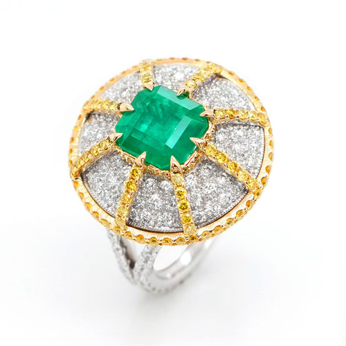 2.702  1.52 cts Octagon Emerald with Yellow Diamond Eternity Pavé Ring