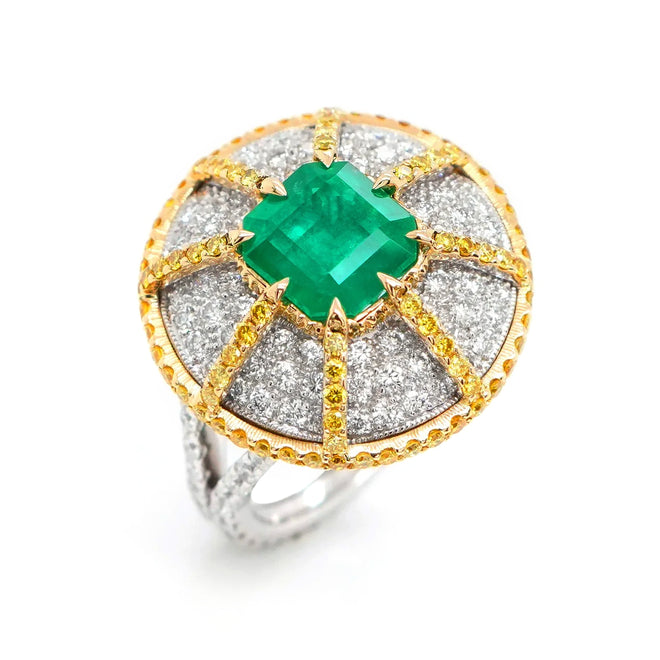 2.702 / 1.52 cts Octagon Emerald with Yellow Diamond Eternity Pavé Ring