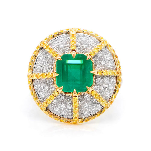 2.702  1.52 cts Octagon Emerald with Yellow Diamond Eternity Pavé Ring