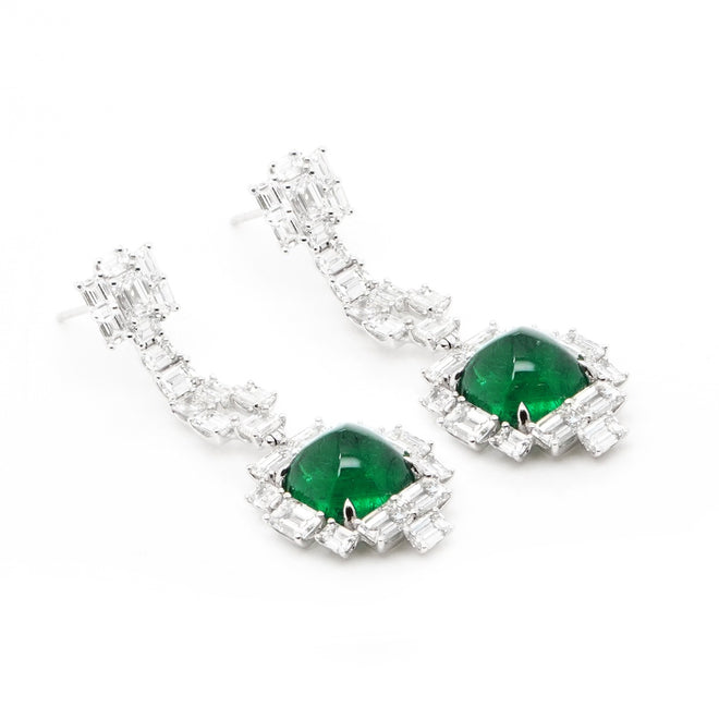  7.17 / 7.15 cts Cushion Sugarloaf Emerald with Diamond Earrings (ENQUIRE)