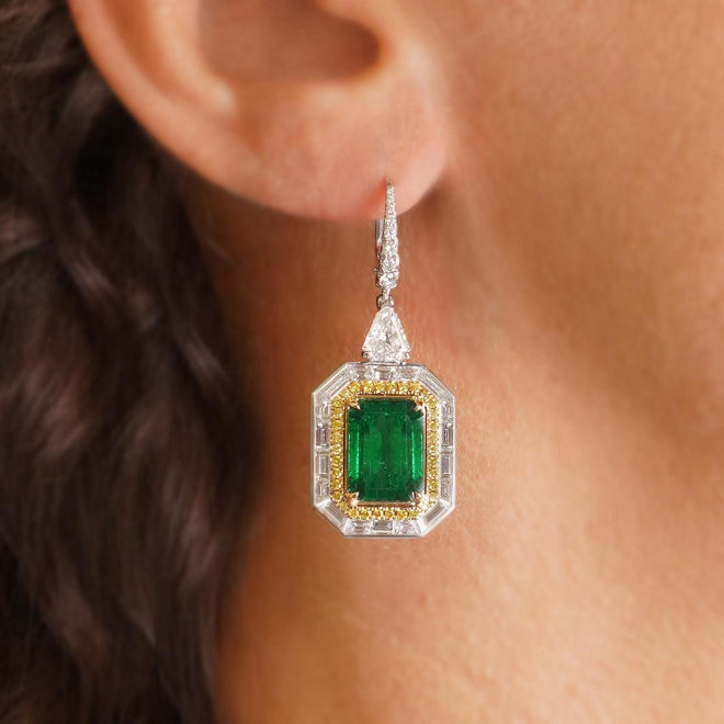 5.597  5.275  0.52 cts Octagon Emerald with Yellow Diamond Eternity Pavé Earrings (ENQUIRE)