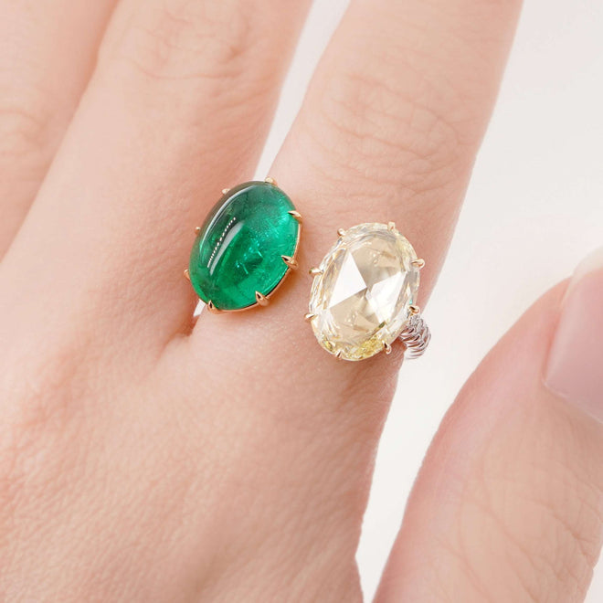 4.27 / 2.58 cts Emerald with Fancy Diamond Ring