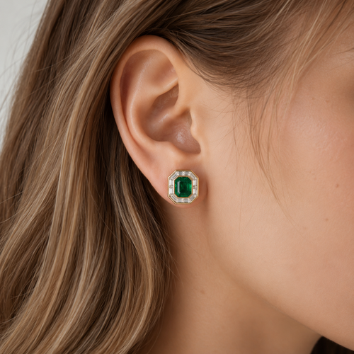 2.078 / 1.932 / 1.59 cts Minor Oil Octagon Emerald with Diamond Studs