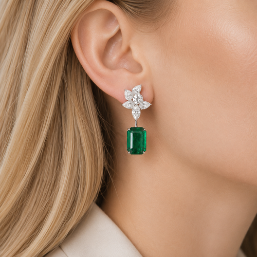 9.939 / 8.467 / 5.93 cts Minor Octagon Emerald with Diamond Earrings (ENQUIRE)