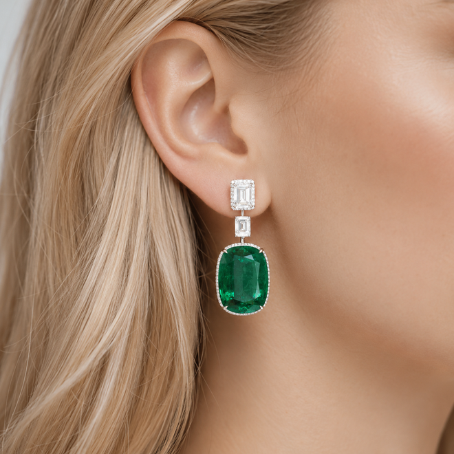 26.09 / 25.01 cts Emerald with Diamond Earrings (ENQUIRE)
