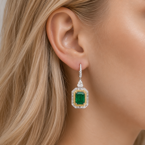 5.597 / 5.275 / 0.52 cts Octagon Emerald with Yellow Diamond Eternity Pavé Earrings