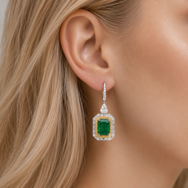5.597 / 5.275 / 0.52 cts Octagon Emerald with Yellow Diamond Eternity Pavé Earrings