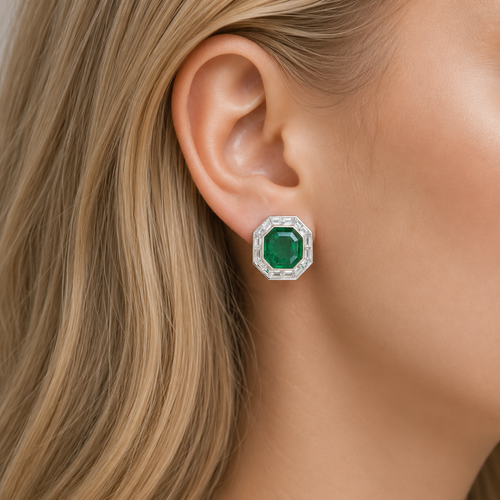 4.081 / 4.064 cts Octagon Emerald with Diamond Earrings (ENQUIRE)