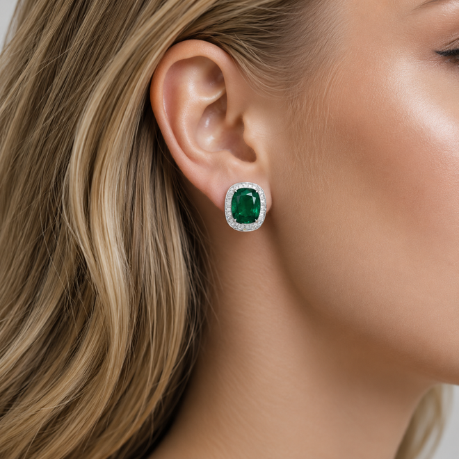 10.777 / 9.844 cts Cushion Emerald with Diamond Earrings (ENQUIRE)