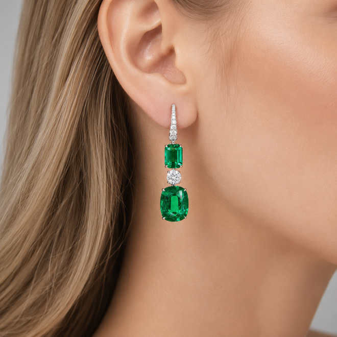 8.97 / 3.39 cts Minor Emerald with Round Diamond Earrings (ENQUIRE)