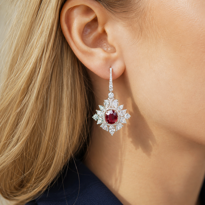 4.02 / 4.02 cts Ruby with Pear Shape Diamond Earrings (ENQUIRE)