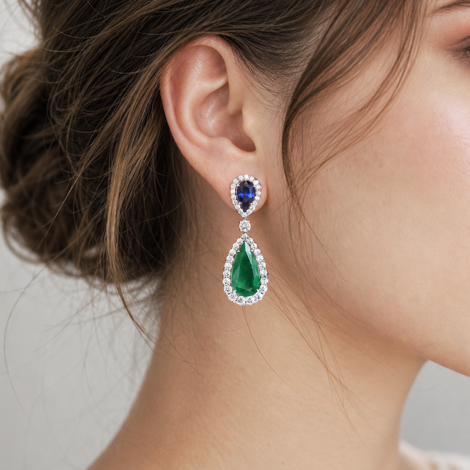5.57 / 3.035 cts GRS Minor Oil Colombian Emerald with Sapphire Earrings (ENQUIRE)