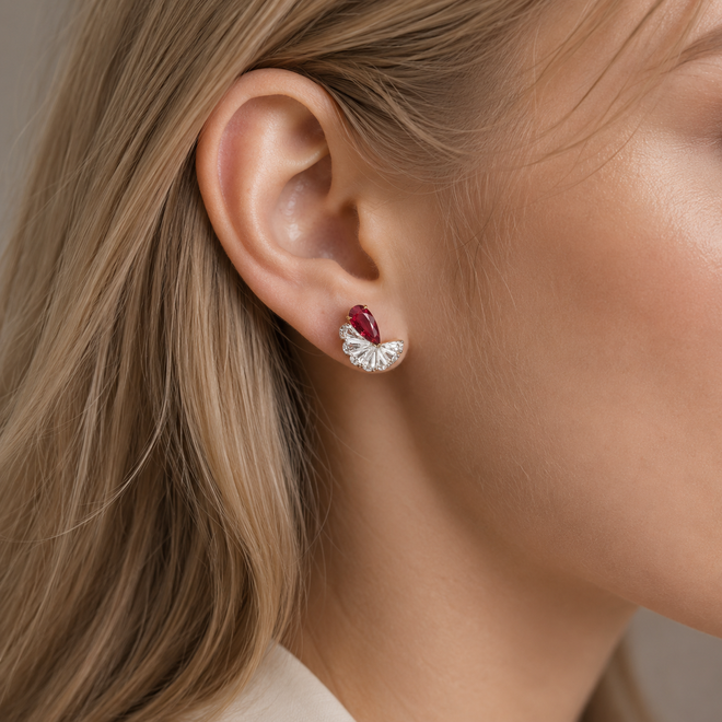 1.582 / 1.514 cts Pear Shape Ruby with Diamond Earrings