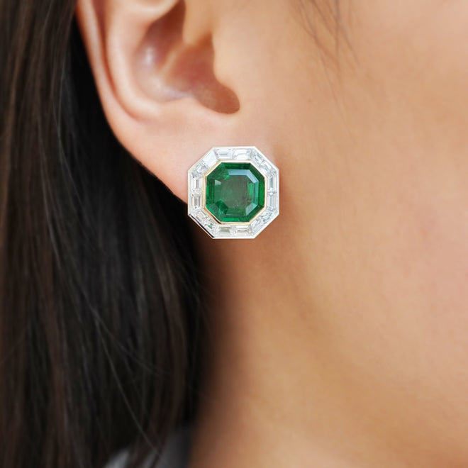 4.081 / 4.064 cts Octagon Emerald with Diamond Earrings (ENQUIRE)