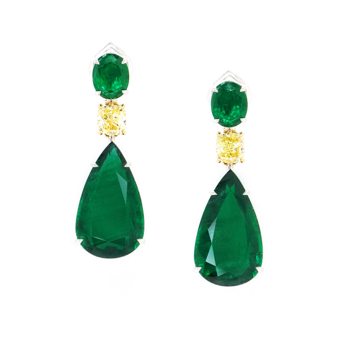 49.13 cts Minor Pear Shape Emerald with Cushion Diamond Earrings (ENQUIRE)