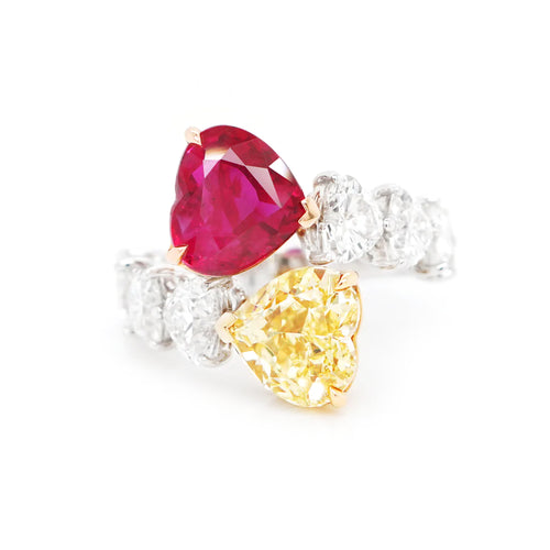 3.26 cts Unheated Ruby with Yellow Diamond Ring