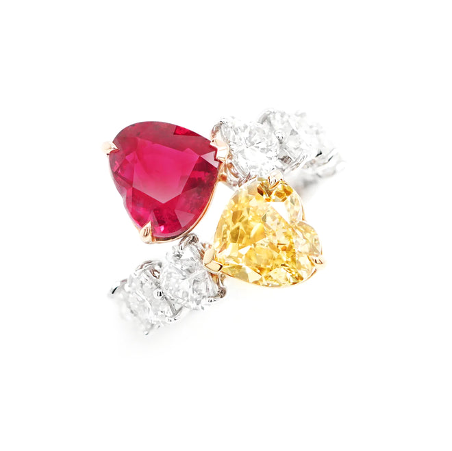 3.26 cts Unheated Ruby with Yellow Diamond Ring