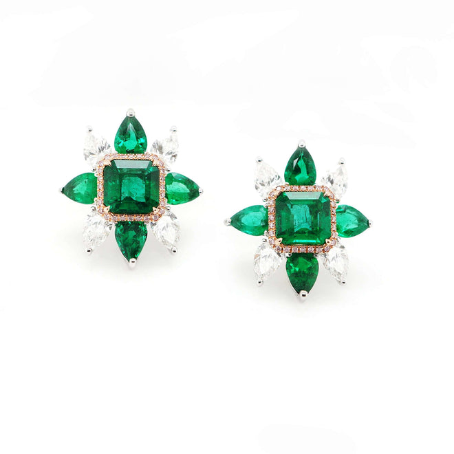9.89 / 3.39 cts Minor Emerald With Pear Shape Diamond Earrings