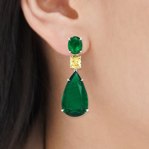 49.13 cts Minor Pear Shape Emerald with Cushion Diamond Earrings (ENQUIRE)