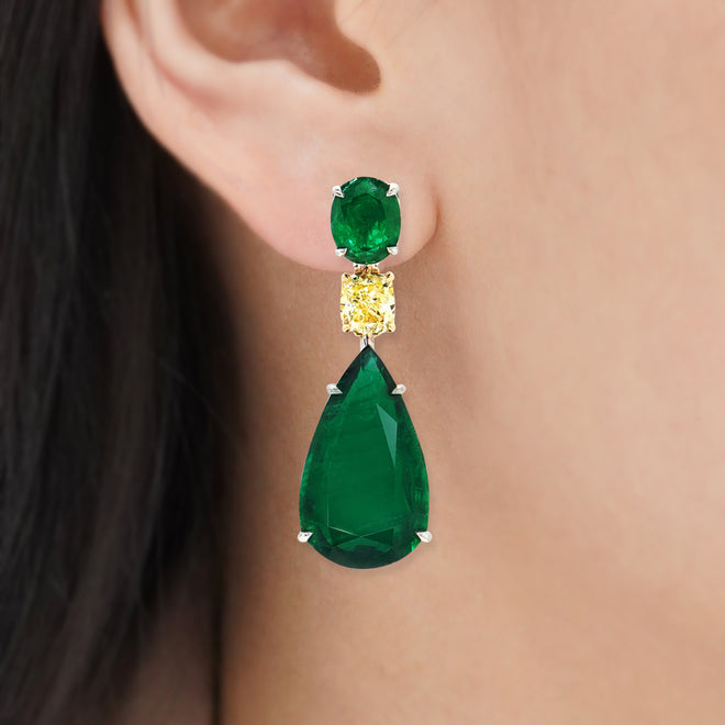 49.13 cts Minor Pear Shape Emerald with Cushion Diamond Earrings (ENQUIRE)