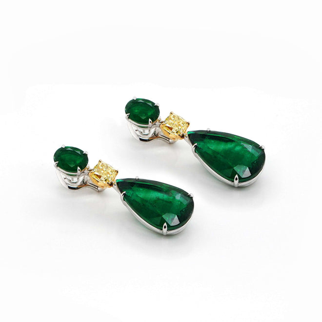 49.13 cts Minor Pear Shape Emerald with Cushion Diamond Earrings (ENQUIRE)