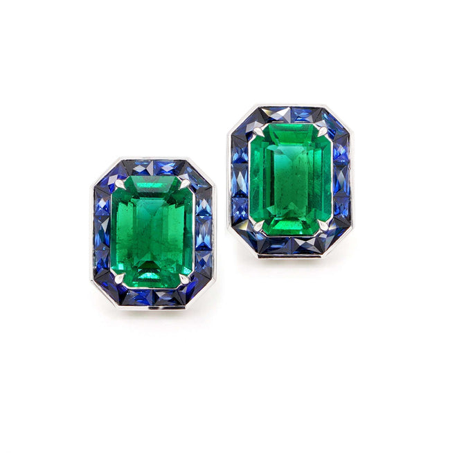 3.937 / 3.437 / 2.35 cts Emerald With Baguette Sapphire Earrings
