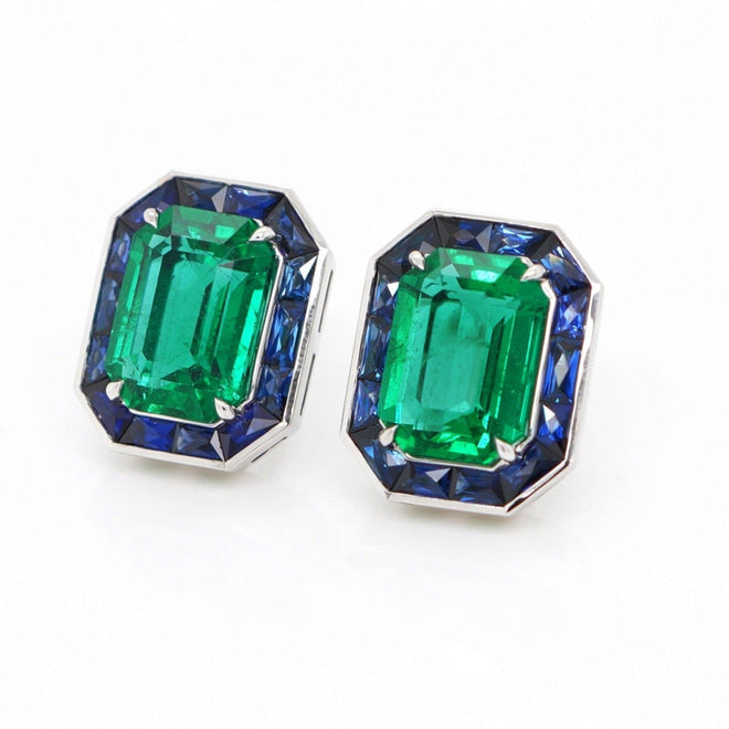 3.937 / 3.437 / 2.35 cts Emerald With Baguette Sapphire Earrings