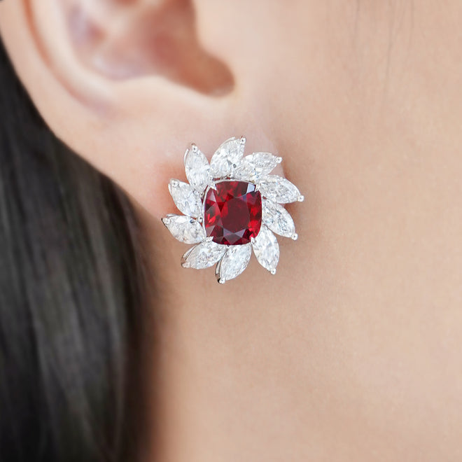 3.140 / 3.033 cts Spinel Cushion Ruby with Diamond Gem Earrings