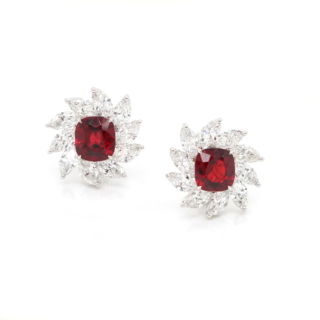3.140 / 3.033 cts Spinel Cushion Ruby with Diamond Gem Earrings