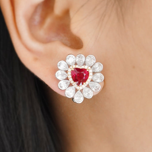  2.01 / 2.00 cts Minor Oil Burmese Ruby with Diamond Earrings