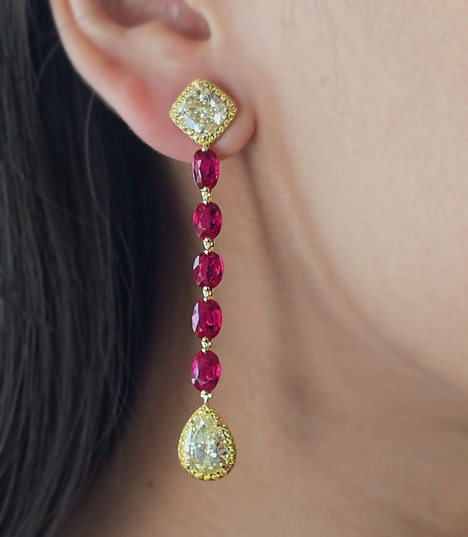 ER-25002-10.40  7.84 cts Unheated Ruby with Yellow Diamond Earrings (ENQUIRE)