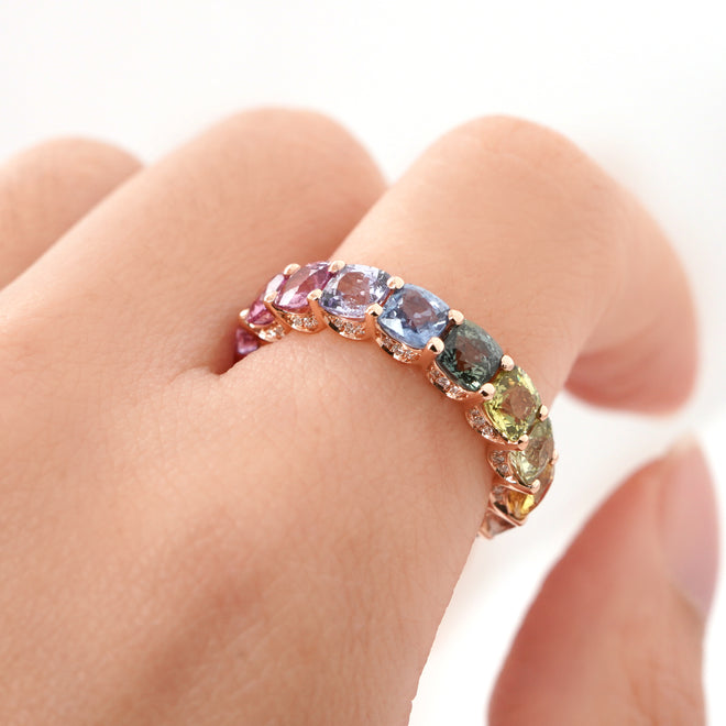 ETN-RS-21015 -7.29 cts Unheated Cushion Fancy Sapphire Eternity Ring