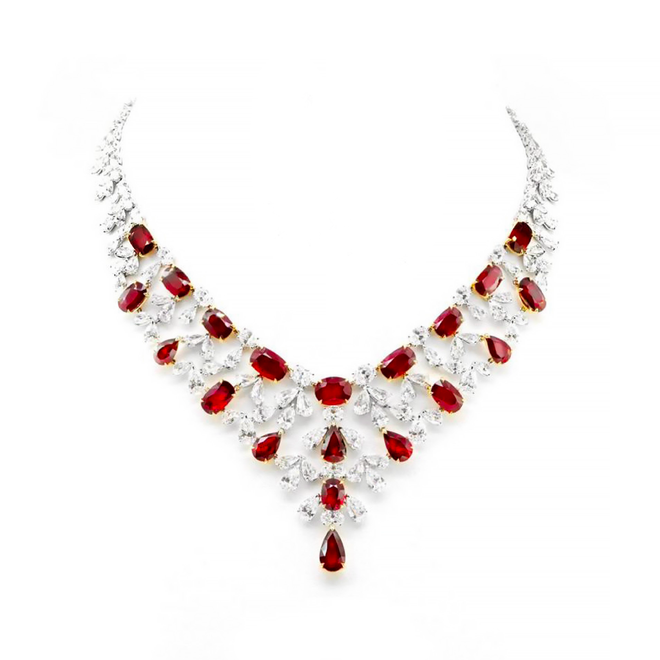 60.99 / 58.48 cts Oval Ruby with Pear Shape Diamond Necklace (ENQUIRE)