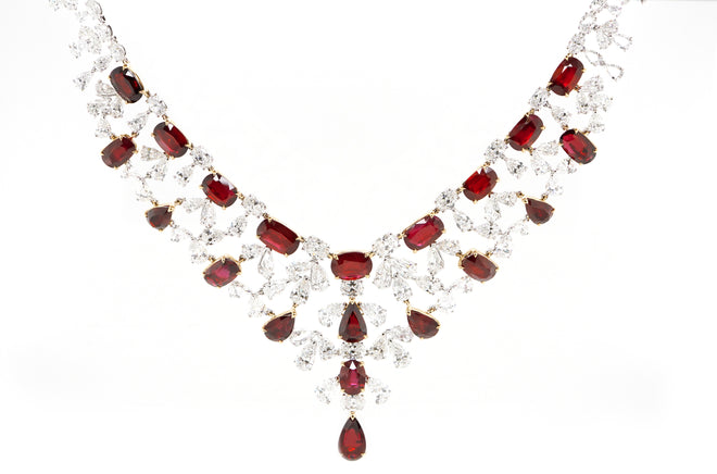 60.99 / 58.48 cts Oval Ruby with Pear Shape Diamond Necklace