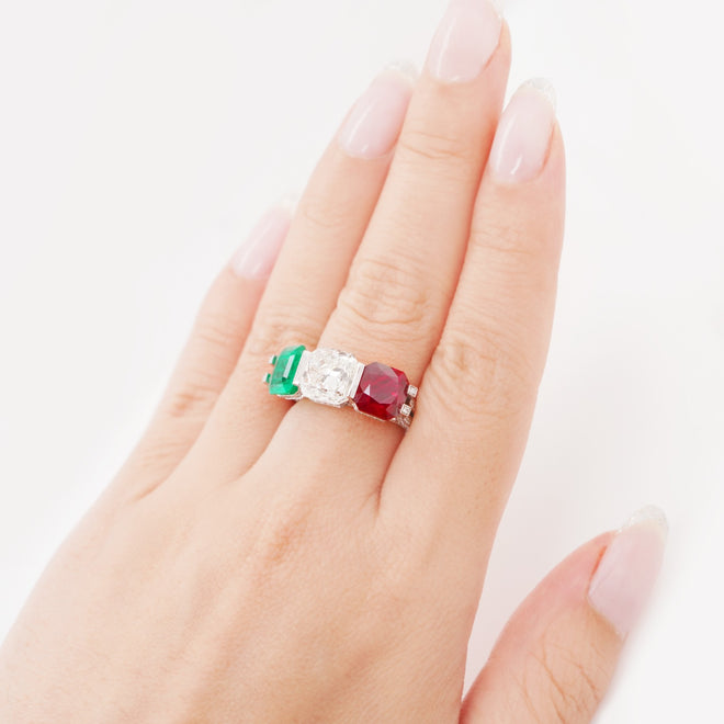 RD-21019-3.01  2.83  1.58 cts Unheated Octagon Ruby and Emerald with Diamond Ring