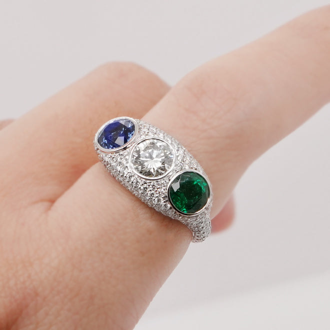 1.10 / 0.89 / 0.79 cts Round Brilliant Sapphire and Emerald with Diamond Ring