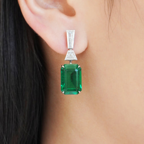 9.22 / 9.14 cts  Emerald with Trapeze Diamond Earrings (ENQUIRE)