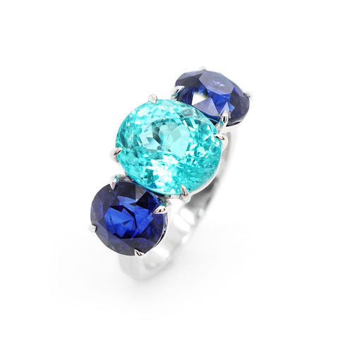 RG-25003-4.898  3.52  3.17 cts Oval Paraiba with Blue Sapphire Ring