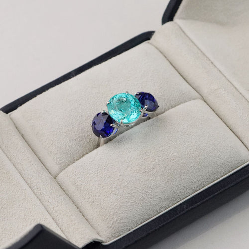 RG-25003-4.898  3.52  3.17 cts Oval Paraiba with Blue Sapphire Ring