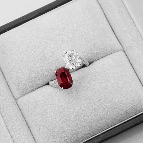4.04 / 2.25 cts Cushion Ruby with Diamond Ring