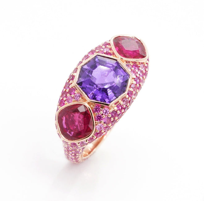 3.486 / 1.10 / 1.05 cts Hexagon Fancy Sapphire with Ruby Ring