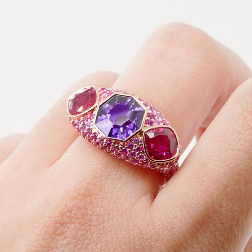 3.486 / 1.10 / 1.05 cts Hexagon Fancy Sapphire with Ruby Ring