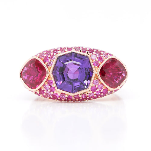 3.486 / 1.10 / 1.05 cts Hexagon Fancy Sapphire with Ruby Ring