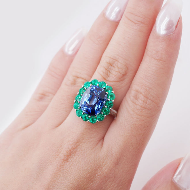 RS-24008-9.09  1.71 cts Blue Sapphire with Round Emerald Ring (ENQUIRE)
