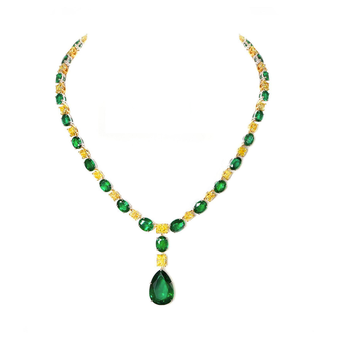 62.67 / 31.86 cts Minor Emerald with Yellow Cushion Diamond Necklace (ENQUIRE)