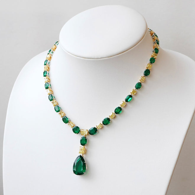 62.67 / 31.86 cts Minor Emerald with Yellow Cushion Diamond Necklace (ENQUIRE)